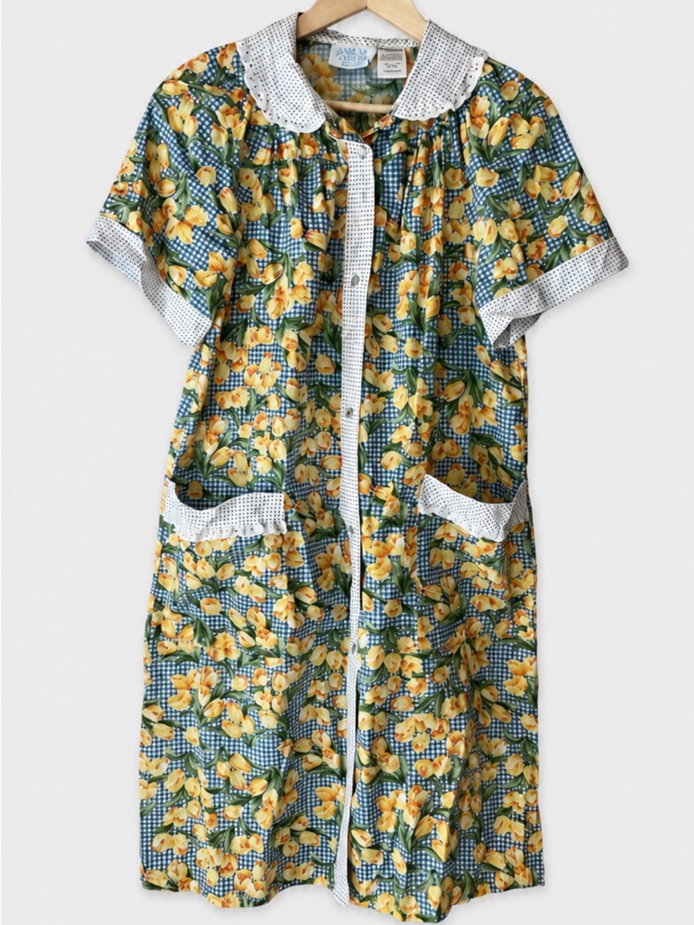 Ashley Taylor house dress yellow tulip floral print on blue gingham fabric